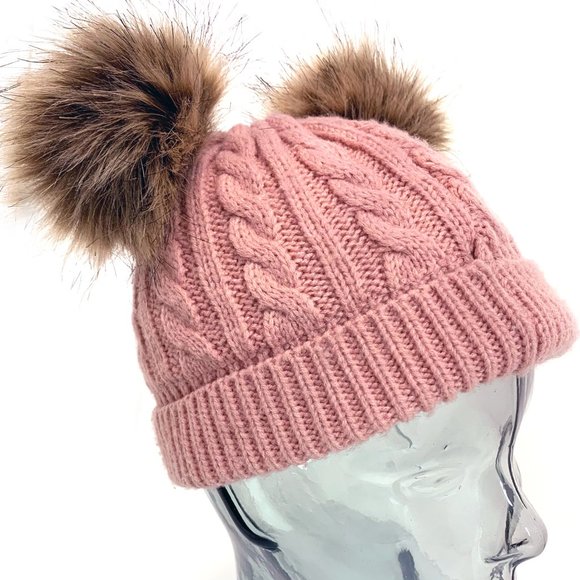 FAS Jeans Girls Winter Fitted Knit Beanie Hat with Faux Fur Pom-Pom Ears - Picture 3 of 11